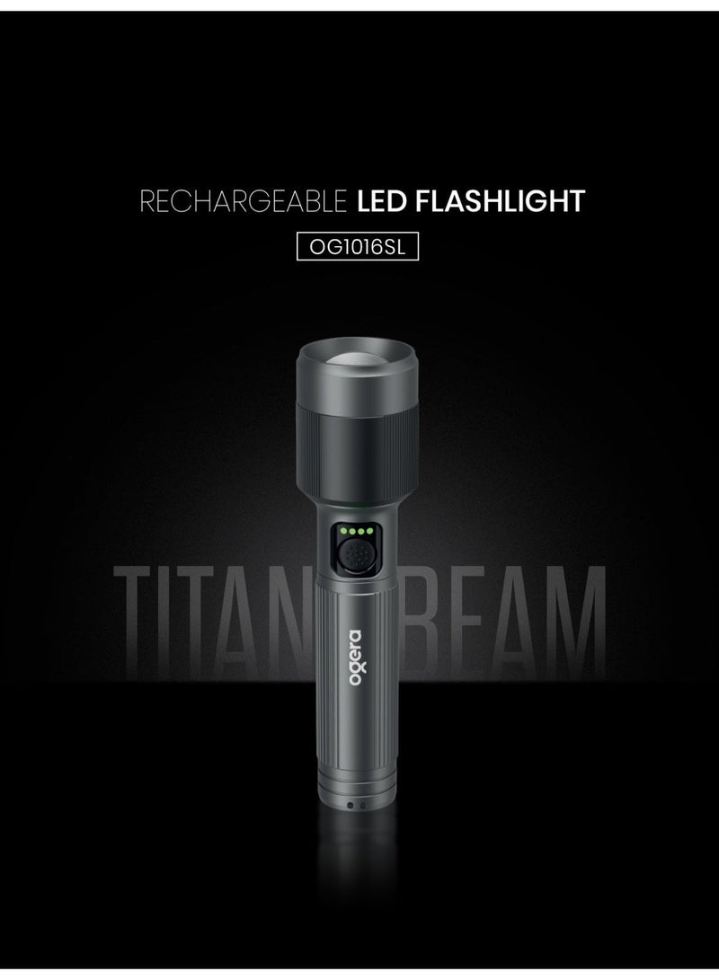 أوجيرا كشاف LED قابل لإعادة الشحن | إضاءة ليزر عالية القدرة 35 واط | سطوع 2000 لومن | مدى إضاءة طويل 3000 متر | شحن USB Type-C | مقاوم للماء IPX5 | خاصية الزوم ووضع SOS للطوارئ | أسود - Image 1